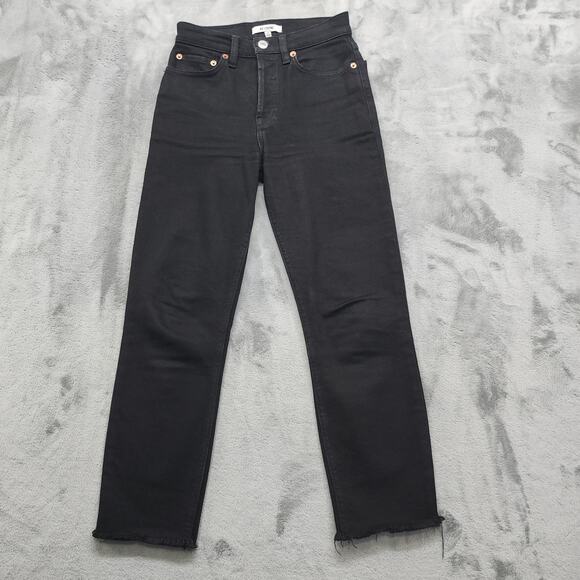 RE/DONE Jeans Womens 24 Black 90s High Rise Ankle Crop Raw Hem Button Fly - Picture 1 of 13